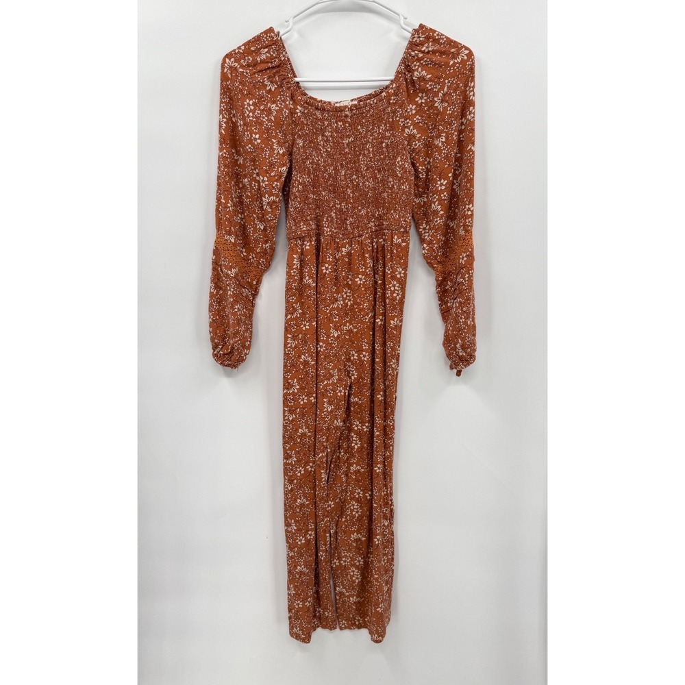 Jessica Simpson L 12 Jumpsuit Kids Rust Floral Smocked Long Sleeve Boho Lace